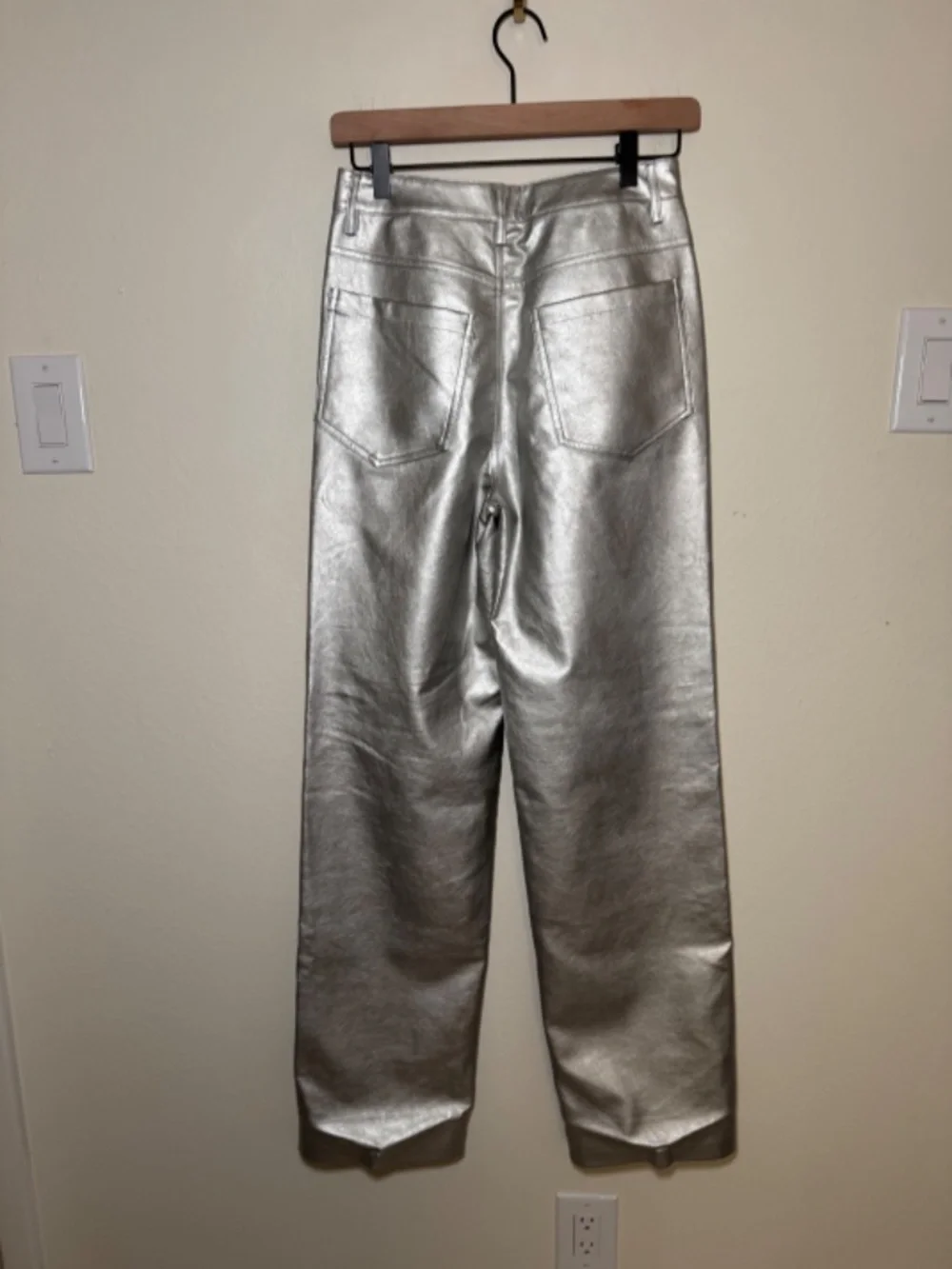 WAYF Metallic Silver Pants Women’s XS High Rise Wide Leg Faux Leather Y2K Disco